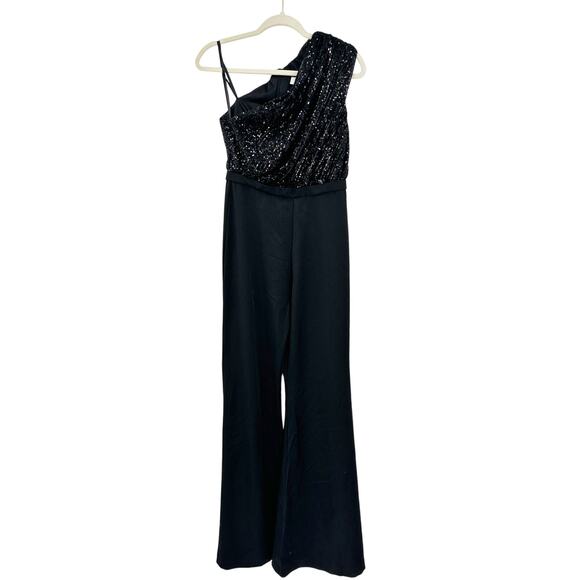 Mac Duggal 26716 Black Sequined One Shoulder Flare Leg Jumpsuit Size 2 NWT - Picture 3 of 7